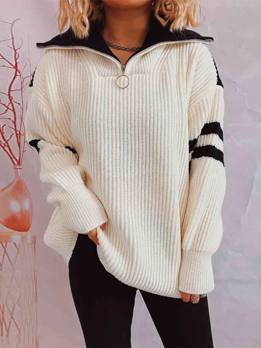 Ribbed Two-Tone Half Zip Sweater