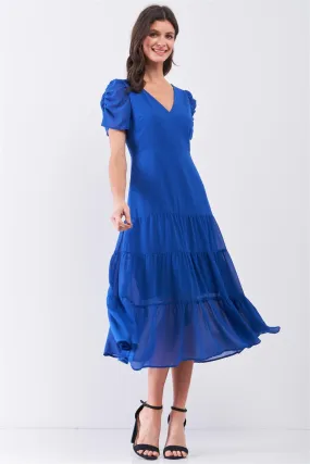 Royal-Blue Short Ruched Sleeve V-Neck Tiered Midi Dress /2-2-2