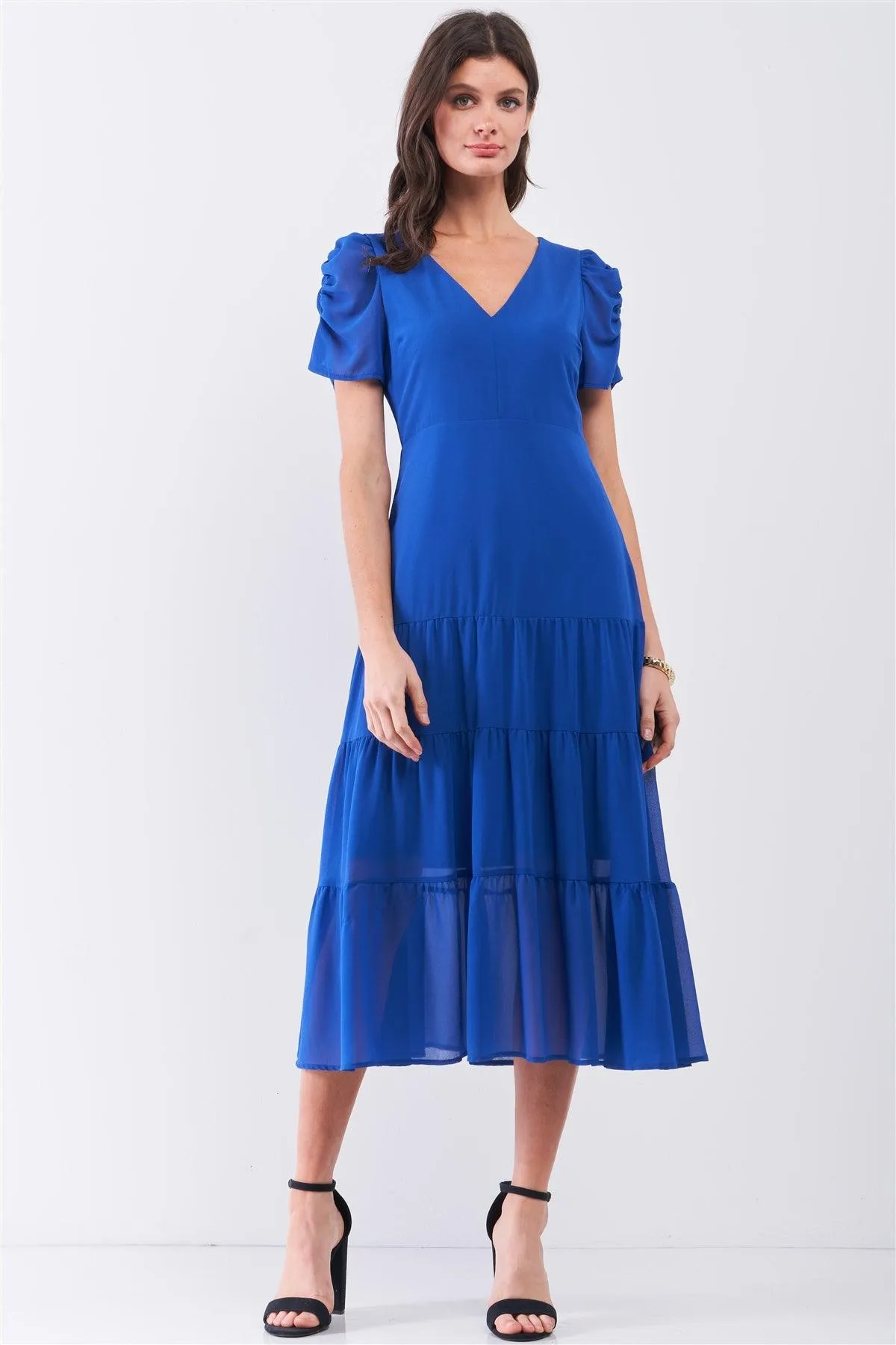 Royal-Blue Short Ruched Sleeve V-Neck Tiered Midi Dress /2-2-2