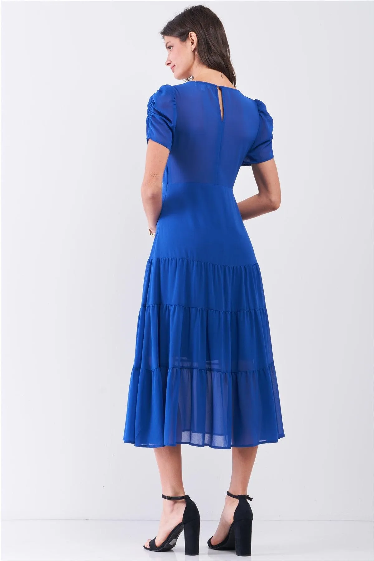 Royal-Blue Short Ruched Sleeve V-Neck Tiered Midi Dress /2-2-2