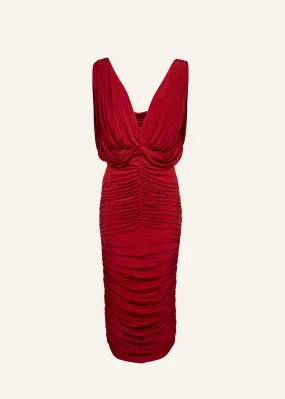 Ruched V-neck midi dress in red