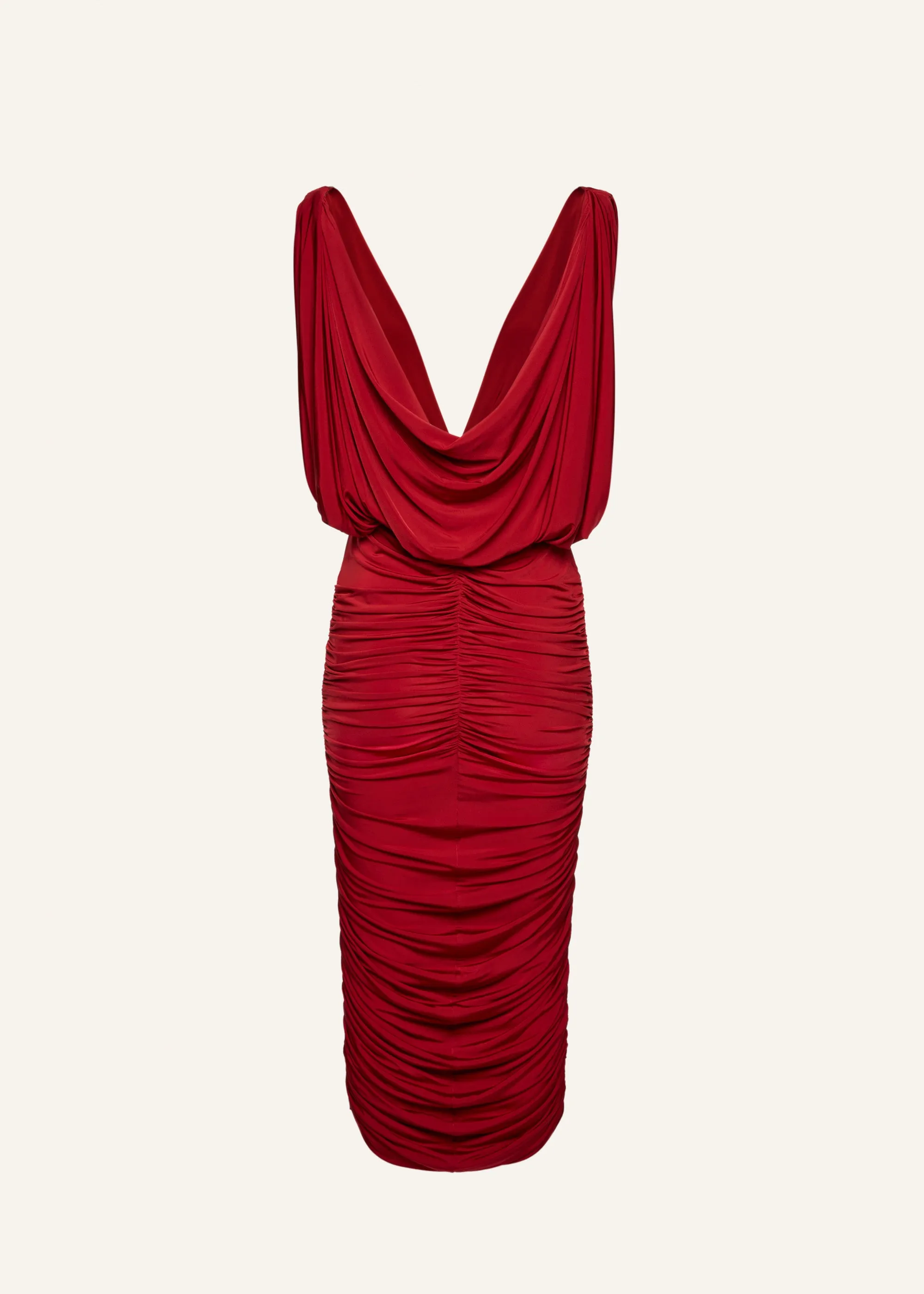 Ruched V-neck midi dress in red