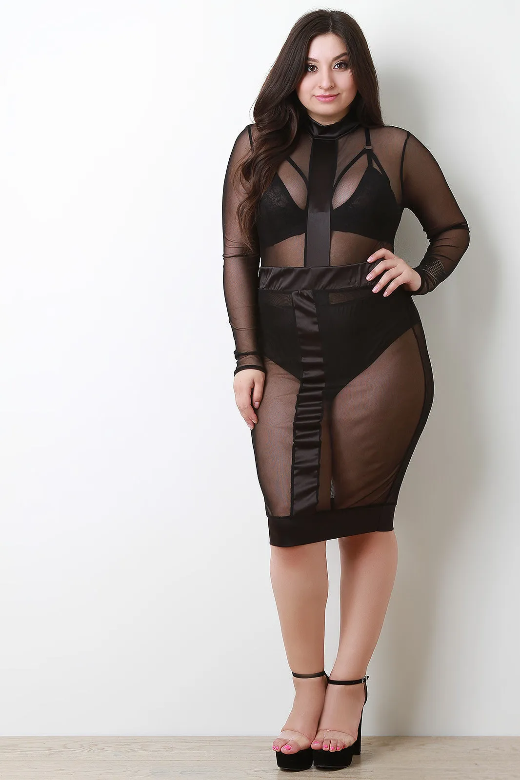 Satin Contrast Sheer Mesh High Waist Skirt