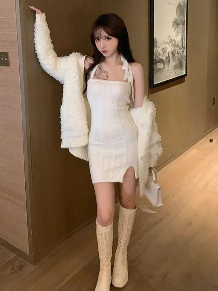 Sexy Knitted Knit Sweater Halter Dress Mini White Backless Bodycon Wrap Off Shoulder Short Dresses Autumn