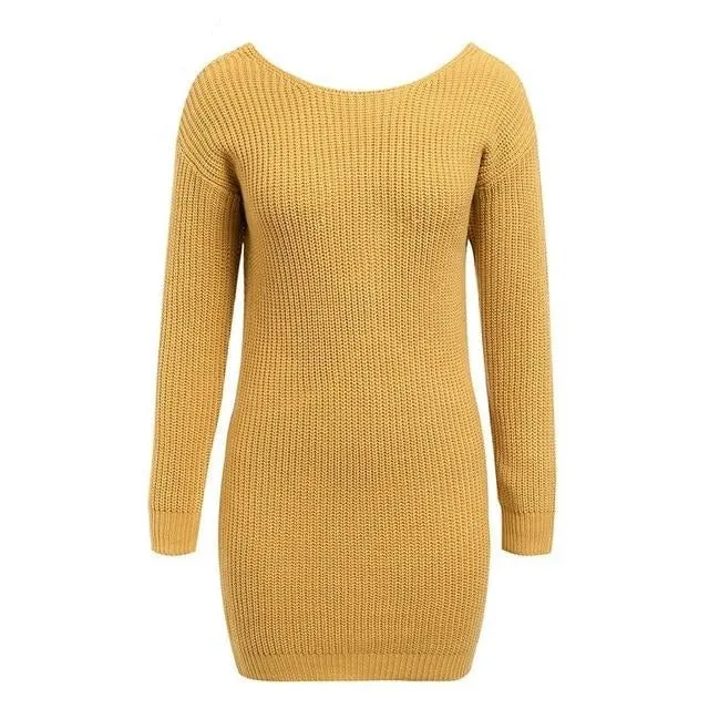 Sexy Off Shoulder Knitted Backless Cross Fashion Long Sleeve Autumn Winter Chic Casual Sweater Dress