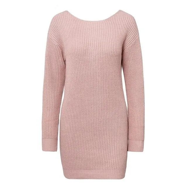 Sexy Off Shoulder Knitted Backless Cross Fashion Long Sleeve Autumn Winter Chic Casual Sweater Dress