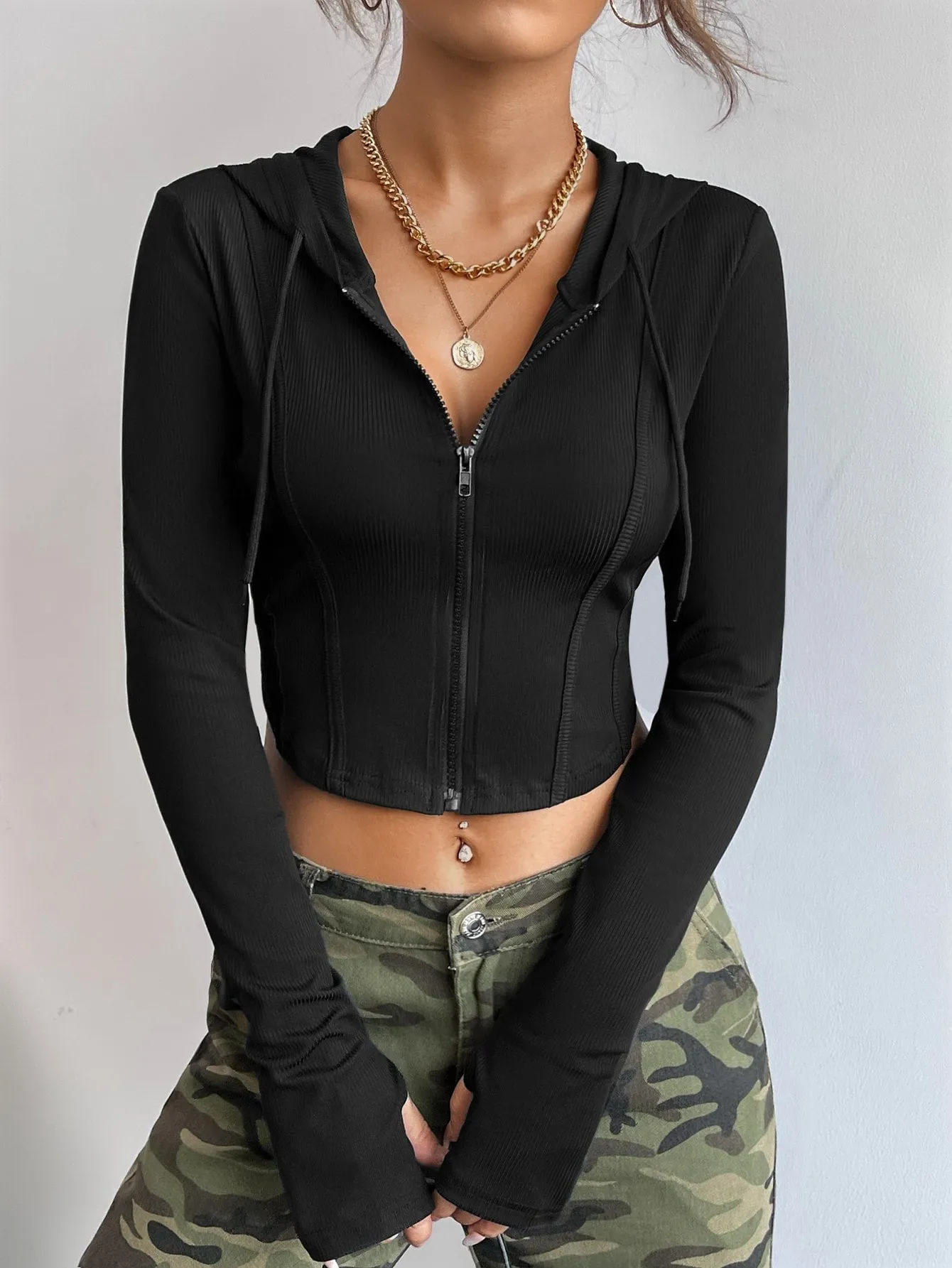 SHEIN Coolane Ribbed Knit Zip Up Drawstring Hooded Crop Jacket