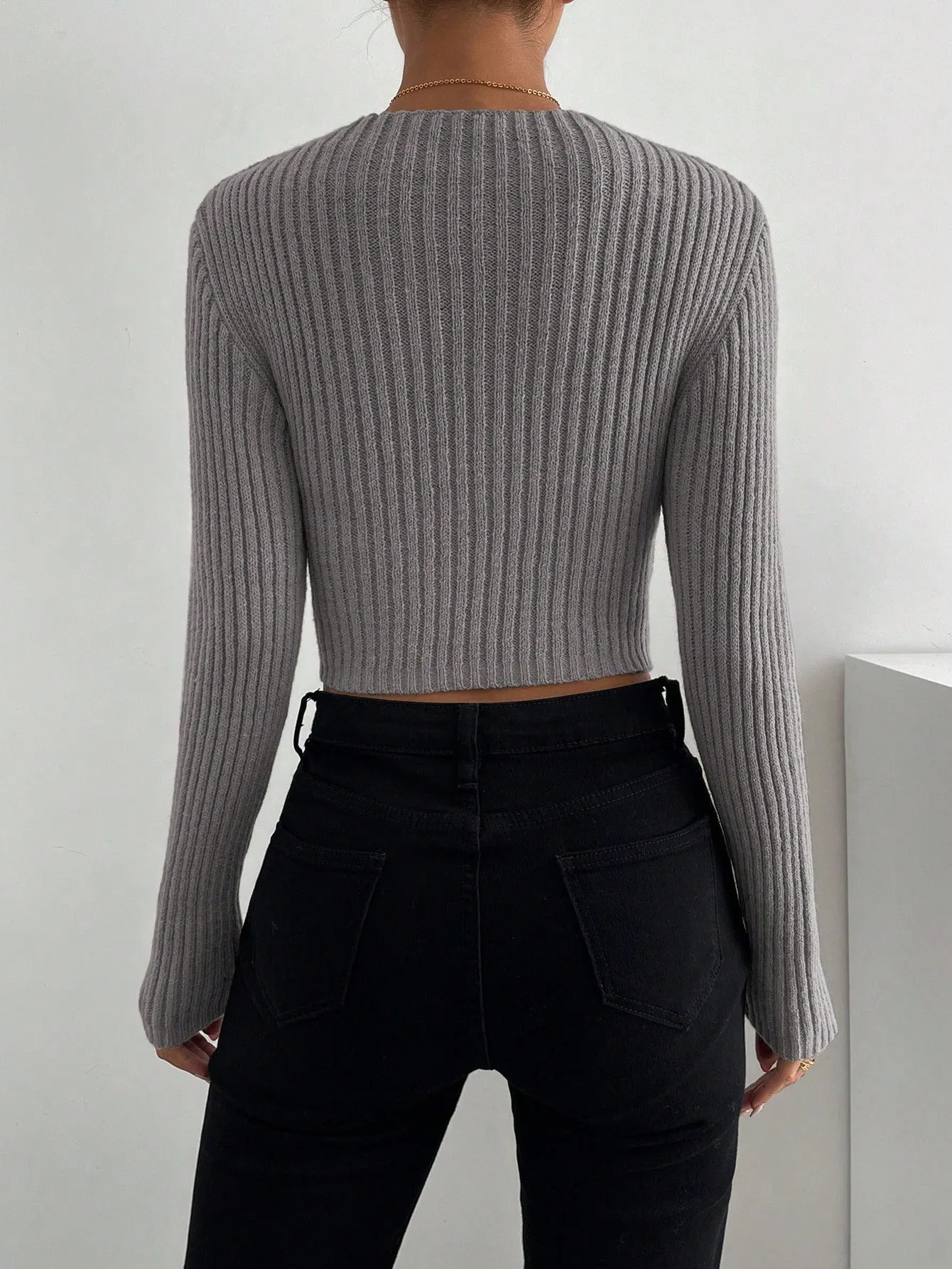 SHEIN Essnce Crisscross Cut Out Ribbed Knit Crop Sweater