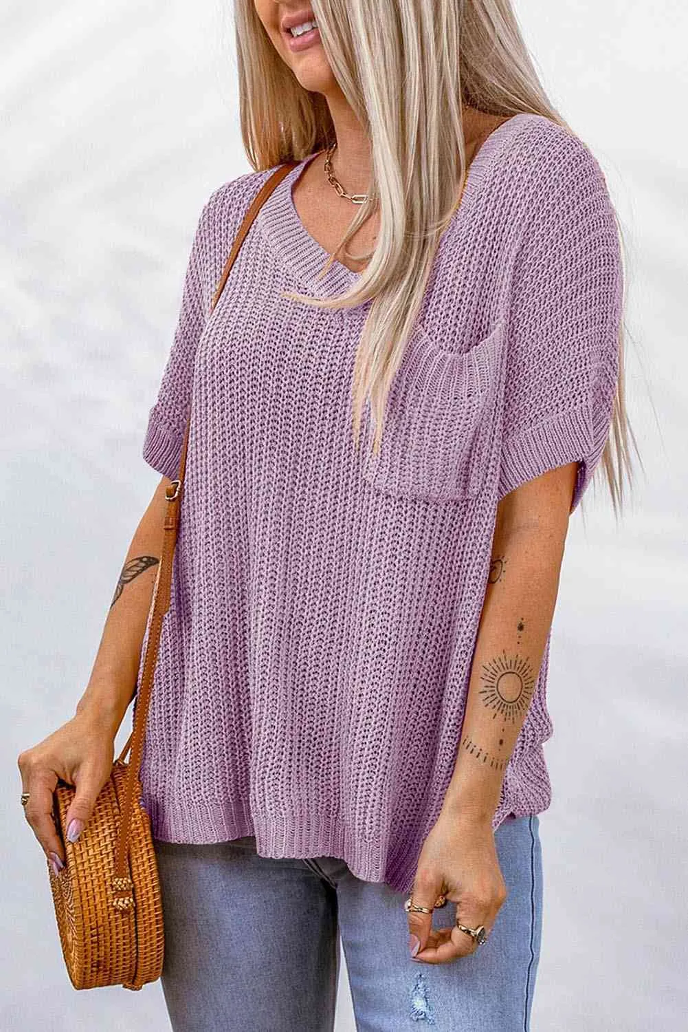 Side Slit V-Neck Short Sleeve Sweater