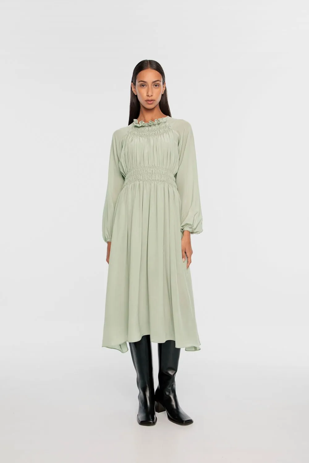 Signature Silk Shirred Midi Dress