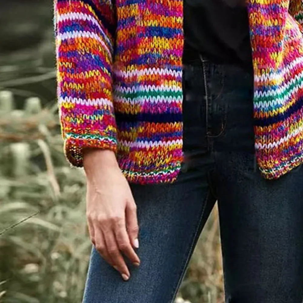 Slouchy Rainbow Stripe Cotton Knit Cardigan Sweater Tops