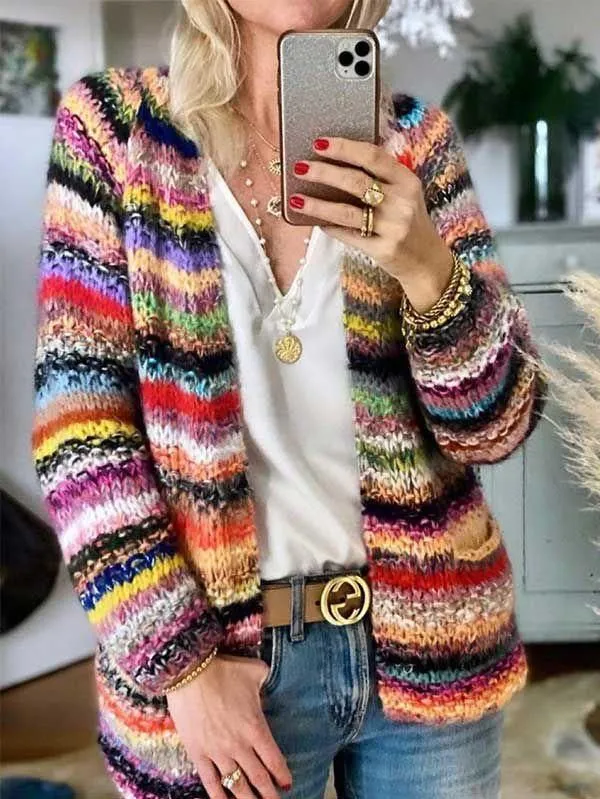 Slouchy Rainbow Stripe Cotton Knit Cardigan Sweater Tops