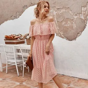 Solid Off-Shoulder Slash Lace Embroidered Midi Dress