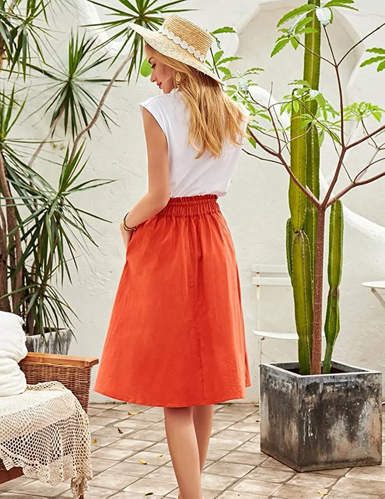 Summer Orange Drawstring Midi Skirt