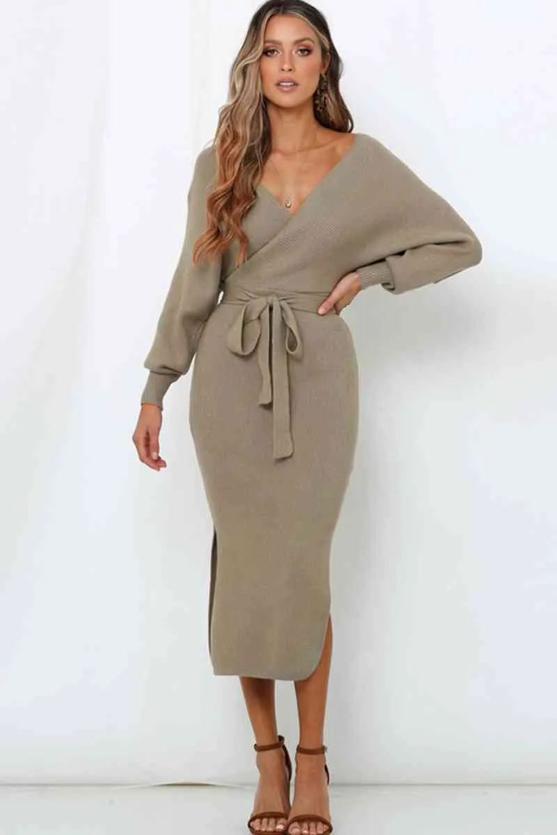 Surplice Neck Bow Waist Slit Sweater Dress