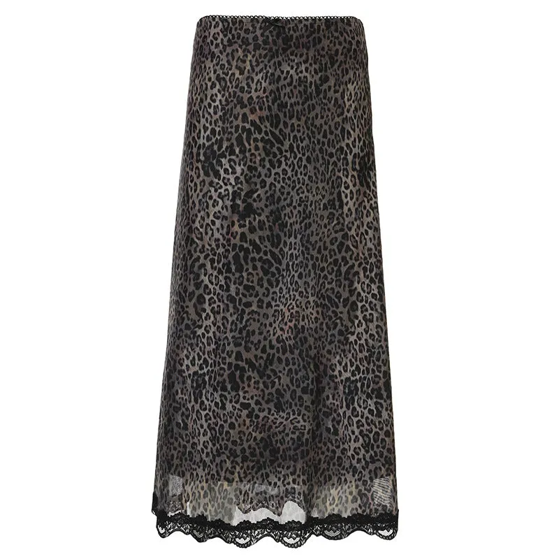 TAVIMART  -  American Retro Leopard Print Stitching Lace Skirt Autumn New Fashionable Fashionable Western Style High Waist Slimming Midi Skirt for Women