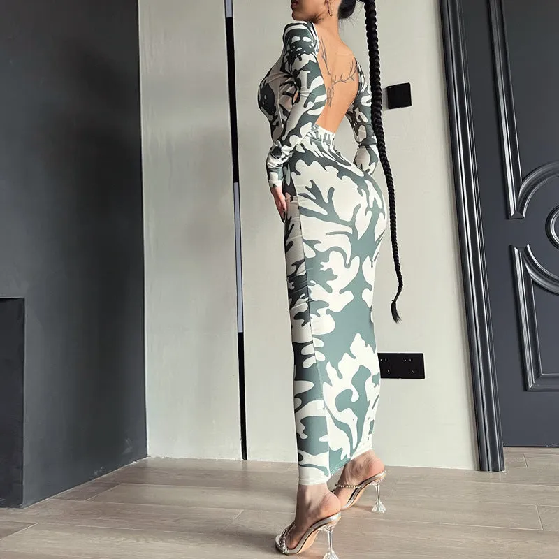 Territory dress to impress outfits Women's 2024 New Autumn Fashion Printed Slim Backless Long Sleeve Dress Women