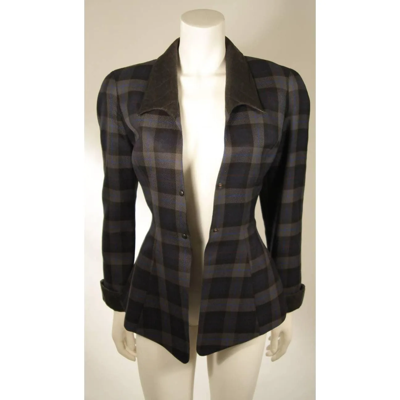 THIERRY MUGLER Navy and Grey Plaid Skirt Suit Set | Size 38