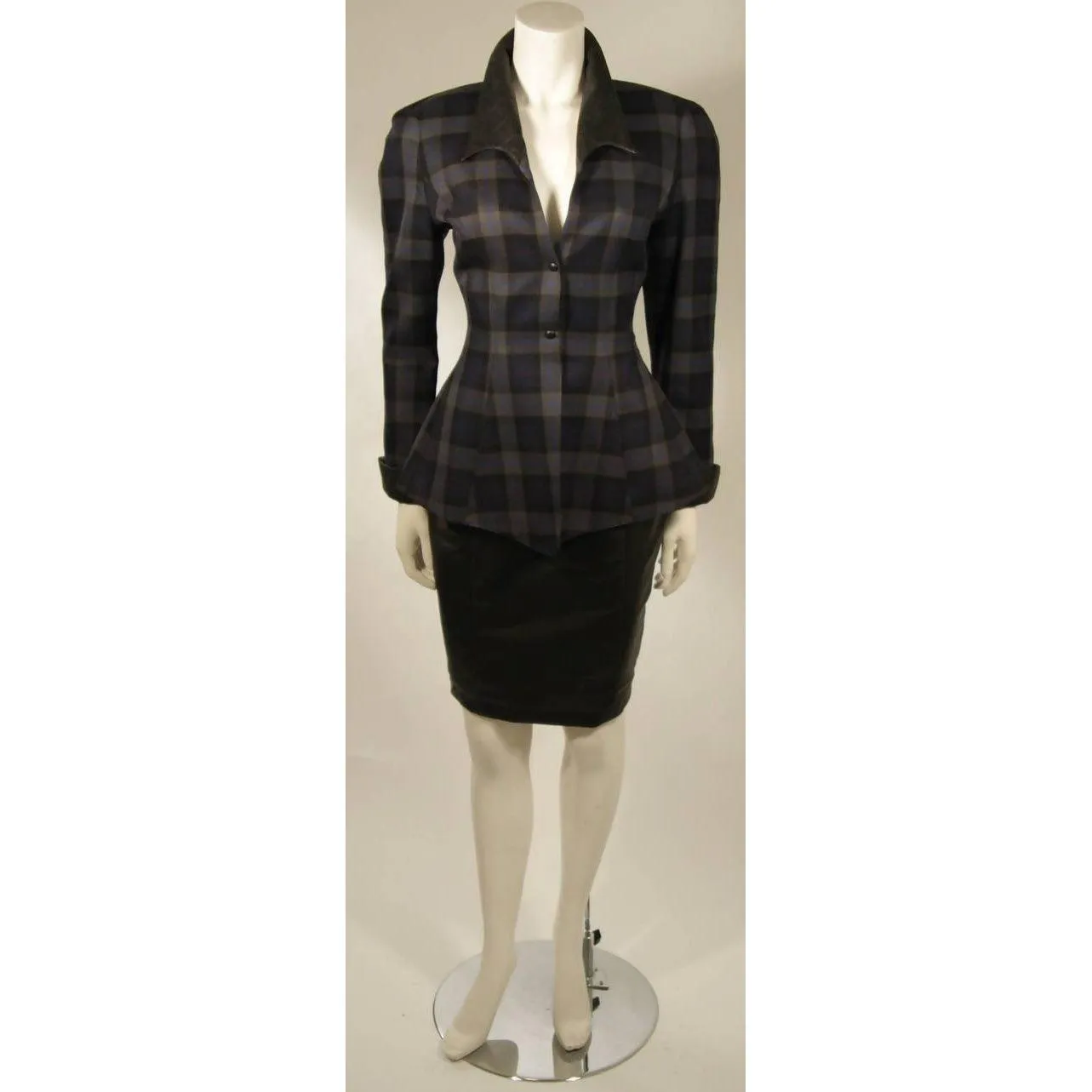 THIERRY MUGLER Navy and Grey Plaid Skirt Suit Set | Size 38