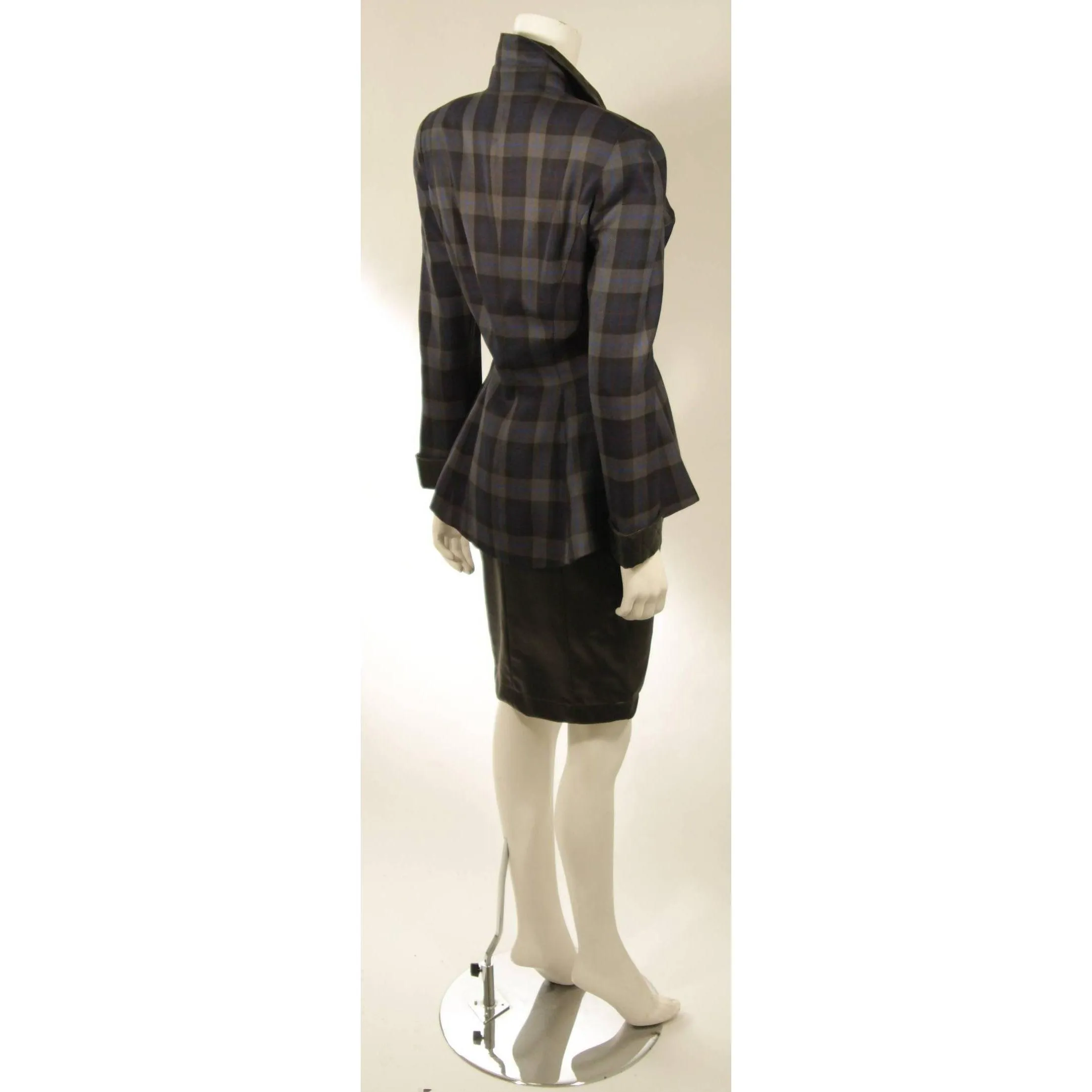 THIERRY MUGLER Navy and Grey Plaid Skirt Suit Set | Size 38