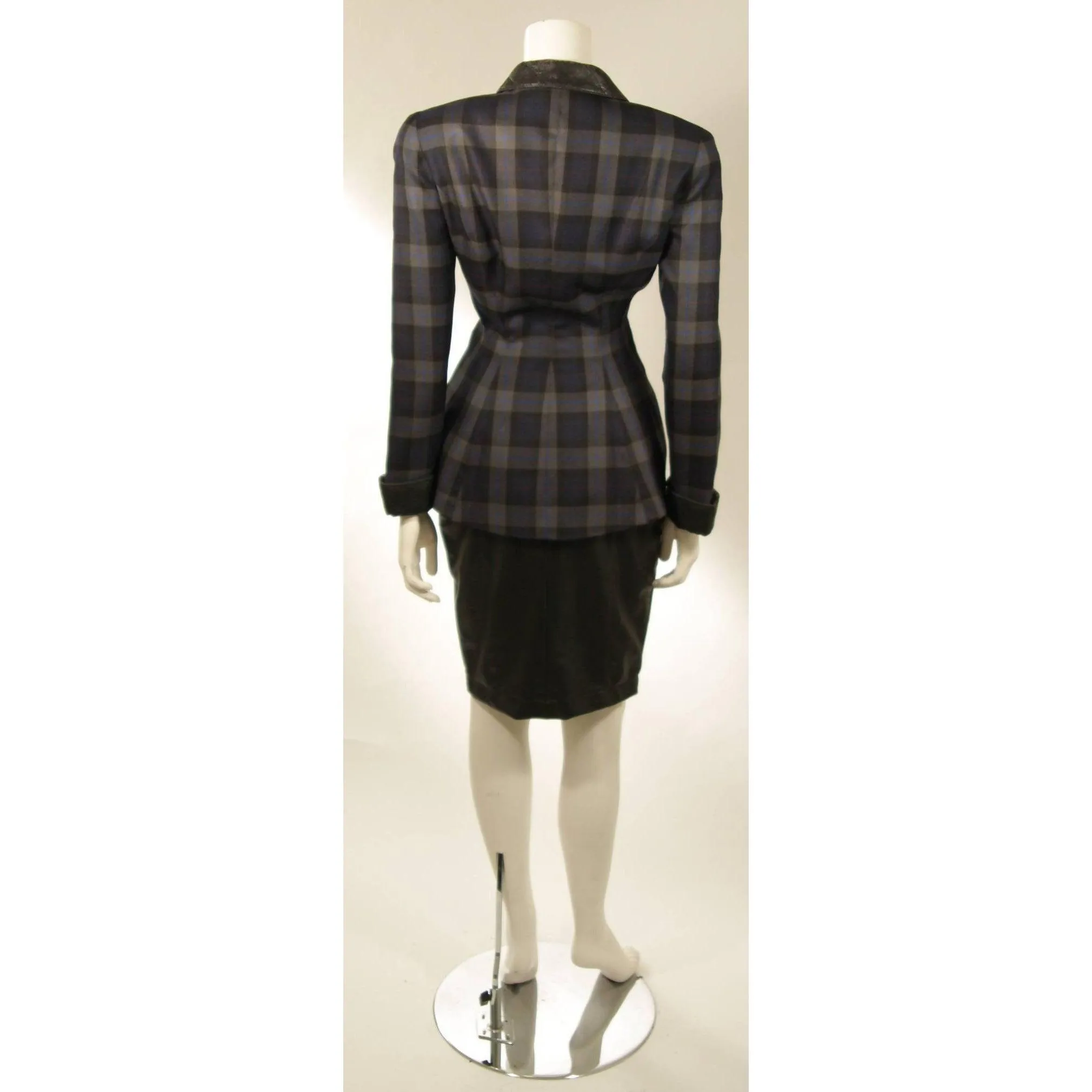 THIERRY MUGLER Navy and Grey Plaid Skirt Suit Set | Size 38