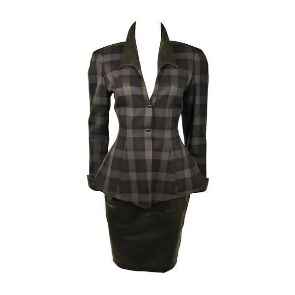 THIERRY MUGLER Navy and Grey Plaid Skirt Suit Set | Size 38