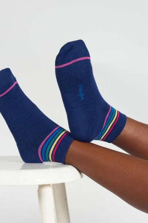 Thought Rainbow Stripe Tipped Short Bamboo Ankle Socks in Blue Rainbow