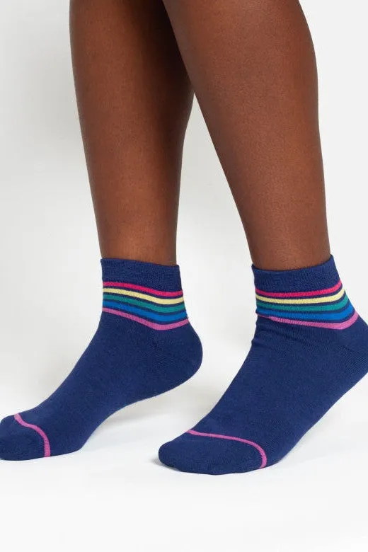 Thought Rainbow Stripe Tipped Short Bamboo Ankle Socks in Blue Rainbow