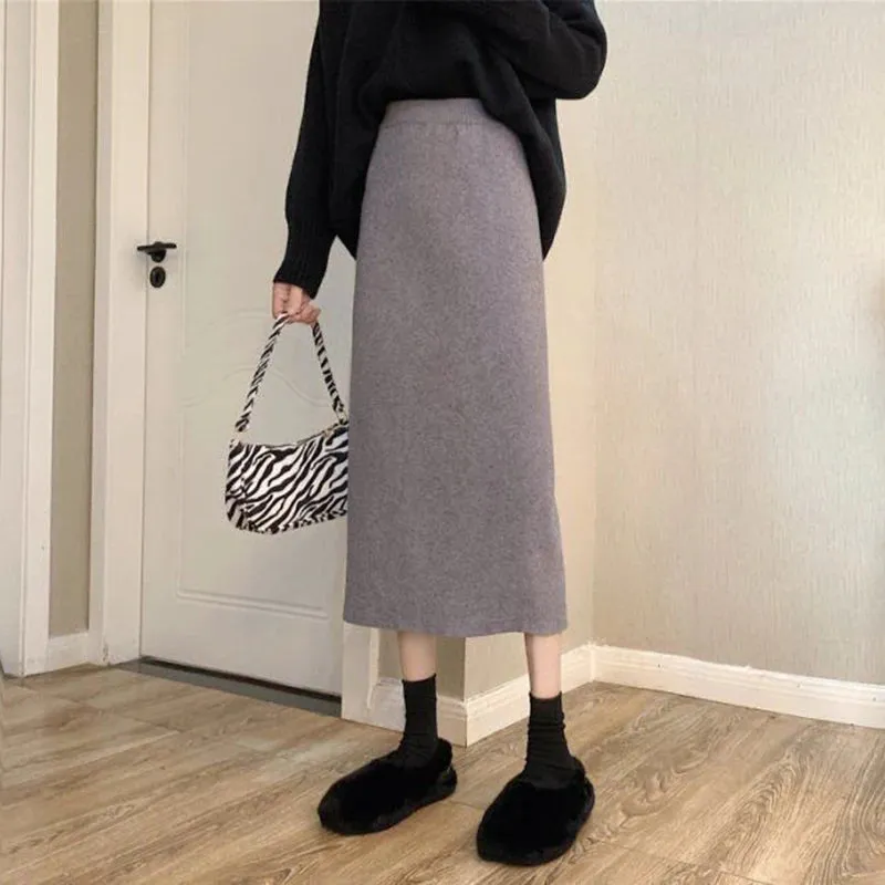 Toleet-Basic Spilt Knitted Skirt Women 2024 Autumn Winter Solid Thicken Midi Skirts Ladies Preppy Style High Waist A-Line Skirt