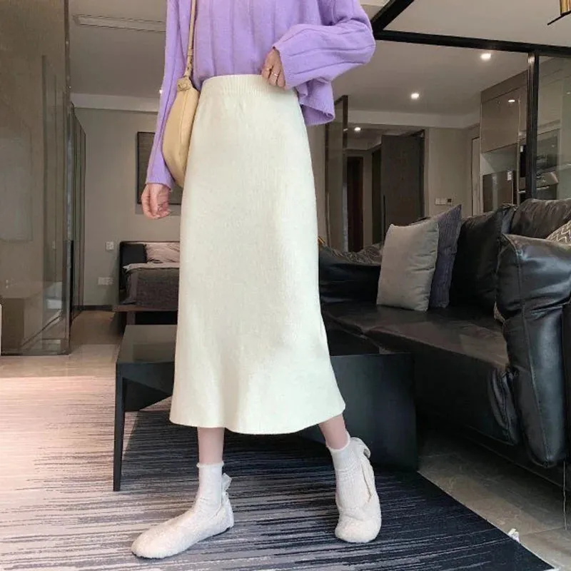 Toleet-Basic Spilt Knitted Skirt Women 2024 Autumn Winter Solid Thicken Midi Skirts Ladies Preppy Style High Waist A-Line Skirt