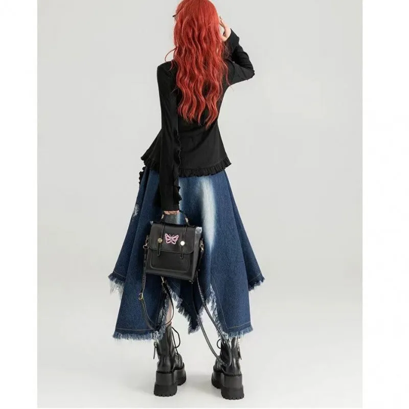 Toleet grunge outfits New Style Belt Cool Chic Irregular Denim Skirt Spring and Summer Design Slimming Frayed Fringe Long Skirt