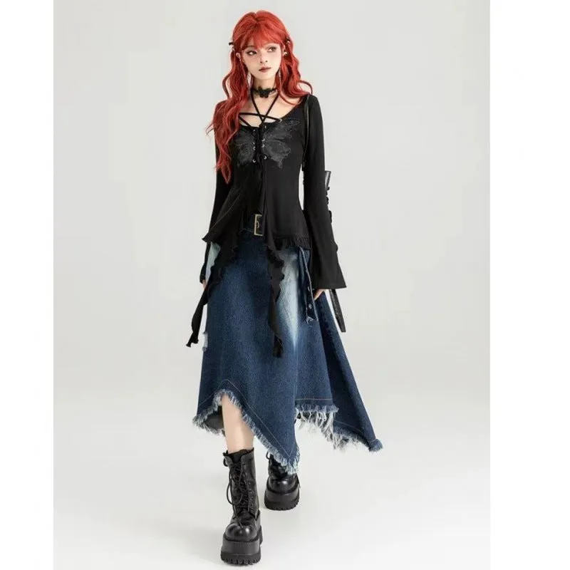 Toleet grunge outfits New Style Belt Cool Chic Irregular Denim Skirt Spring and Summer Design Slimming Frayed Fringe Long Skirt