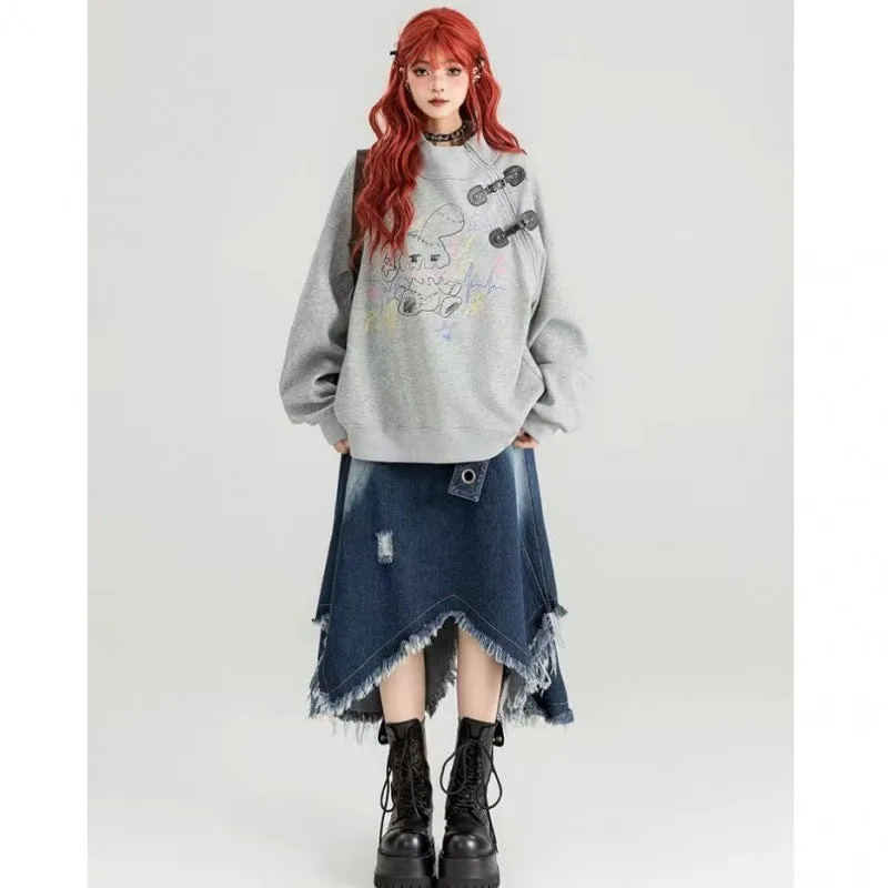 Toleet grunge outfits New Style Belt Cool Chic Irregular Denim Skirt Spring and Summer Design Slimming Frayed Fringe Long Skirt