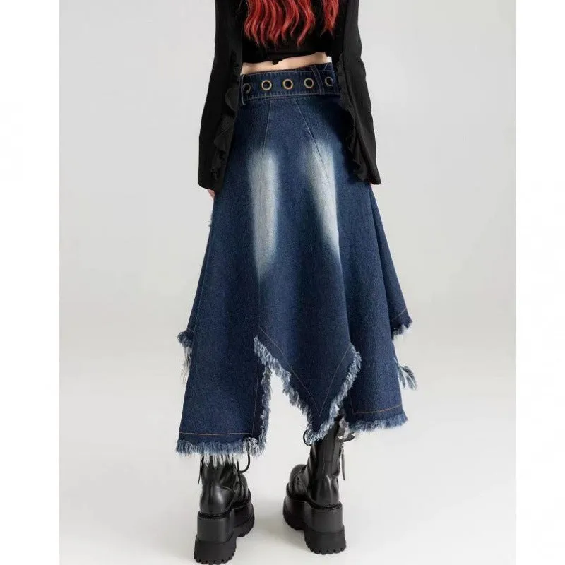 Toleet grunge outfits New Style Belt Cool Chic Irregular Denim Skirt Spring and Summer Design Slimming Frayed Fringe Long Skirt