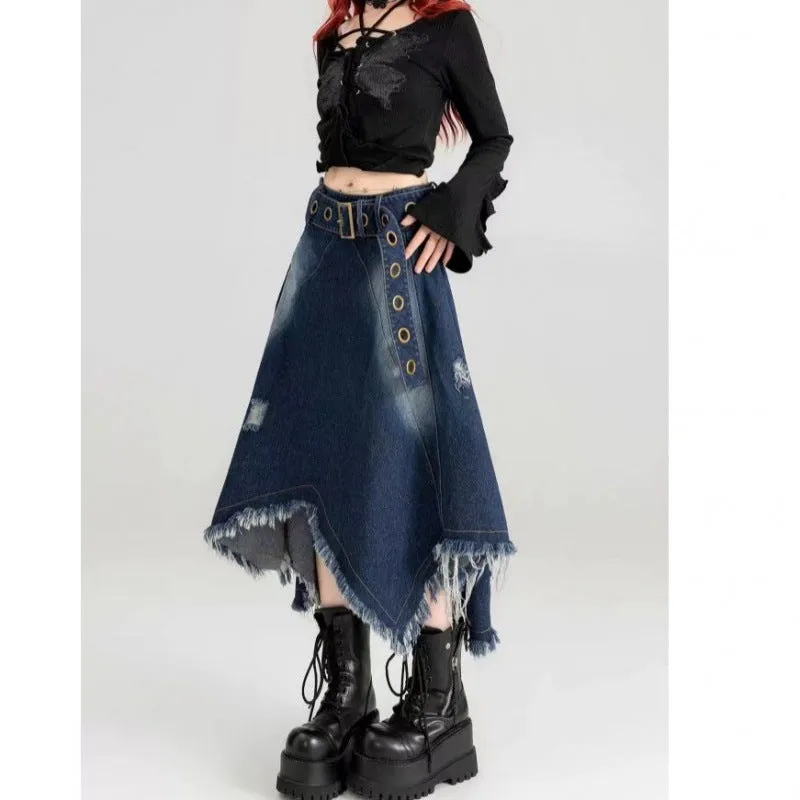 Toleet grunge outfits New Style Belt Cool Chic Irregular Denim Skirt Spring and Summer Design Slimming Frayed Fringe Long Skirt