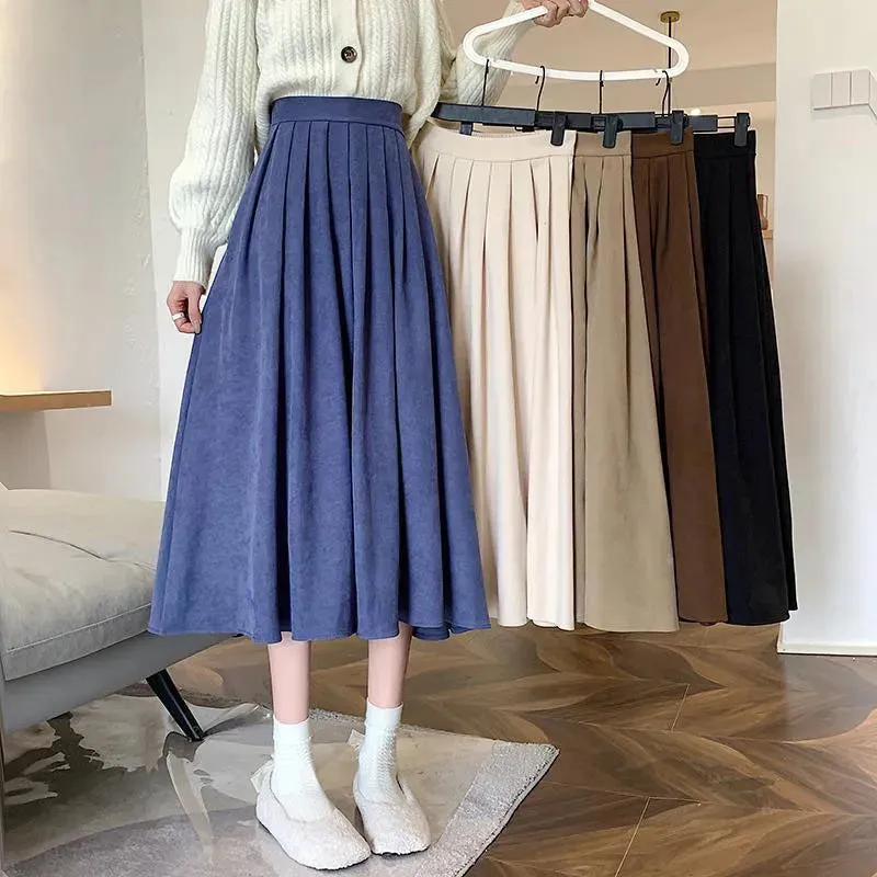 Toleet-Preppy Style Pleated Skirt for Women Autumn Winter High Waist Long Skirts Woman Korean Solid Color A Line Skirts Female