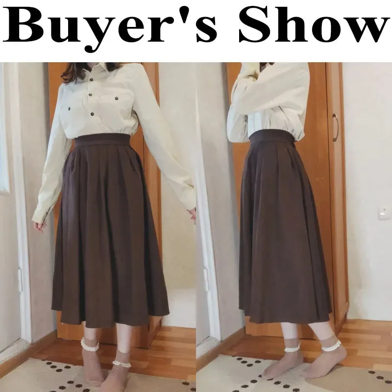 Toleet-Preppy Style Pleated Skirt for Women Autumn Winter High Waist Long Skirts Woman Korean Solid Color A Line Skirts Female