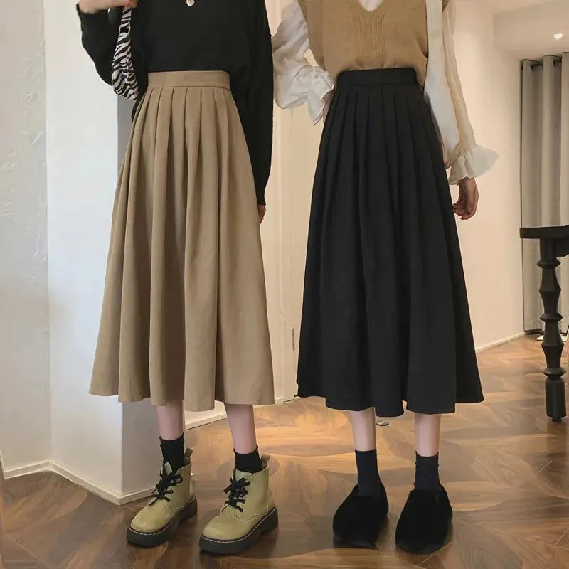 Toleet-Preppy Style Pleated Skirt for Women Autumn Winter High Waist Long Skirts Woman Korean Solid Color A Line Skirts Female