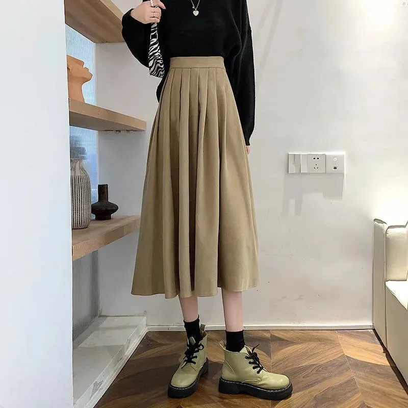 Toleet-Preppy Style Pleated Skirt for Women Autumn Winter High Waist Long Skirts Woman Korean Solid Color A Line Skirts Female