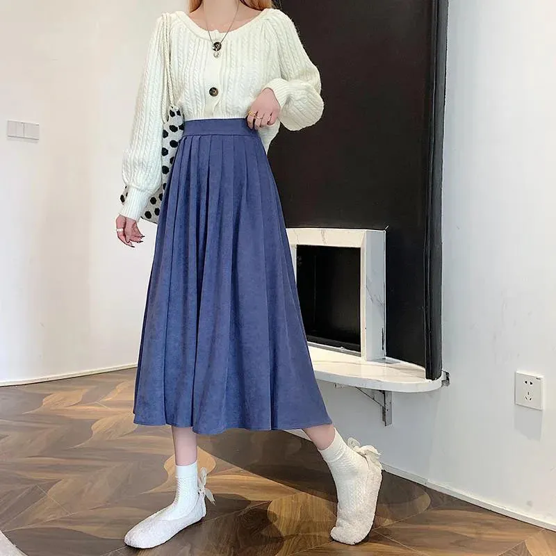 Toleet-Preppy Style Pleated Skirt for Women Autumn Winter High Waist Long Skirts Woman Korean Solid Color A Line Skirts Female