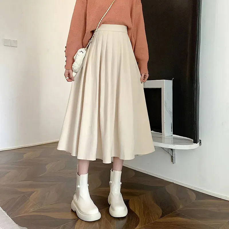 Toleet-Preppy Style Pleated Skirt for Women Autumn Winter High Waist Long Skirts Woman Korean Solid Color A Line Skirts Female