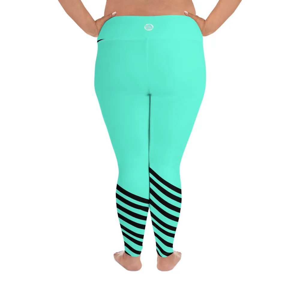 Turquoise Blue Striped Leggings, Black Diagonal Stripe Print Women's Plus Size Tights