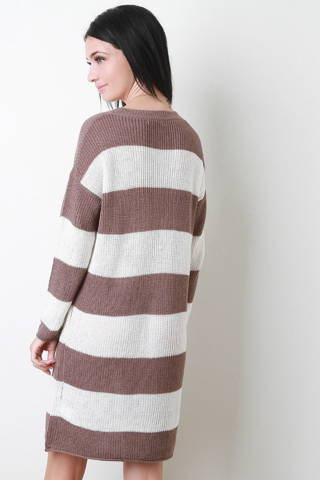 Two Tone Striped Knit Long Sleeves Sweater Dress