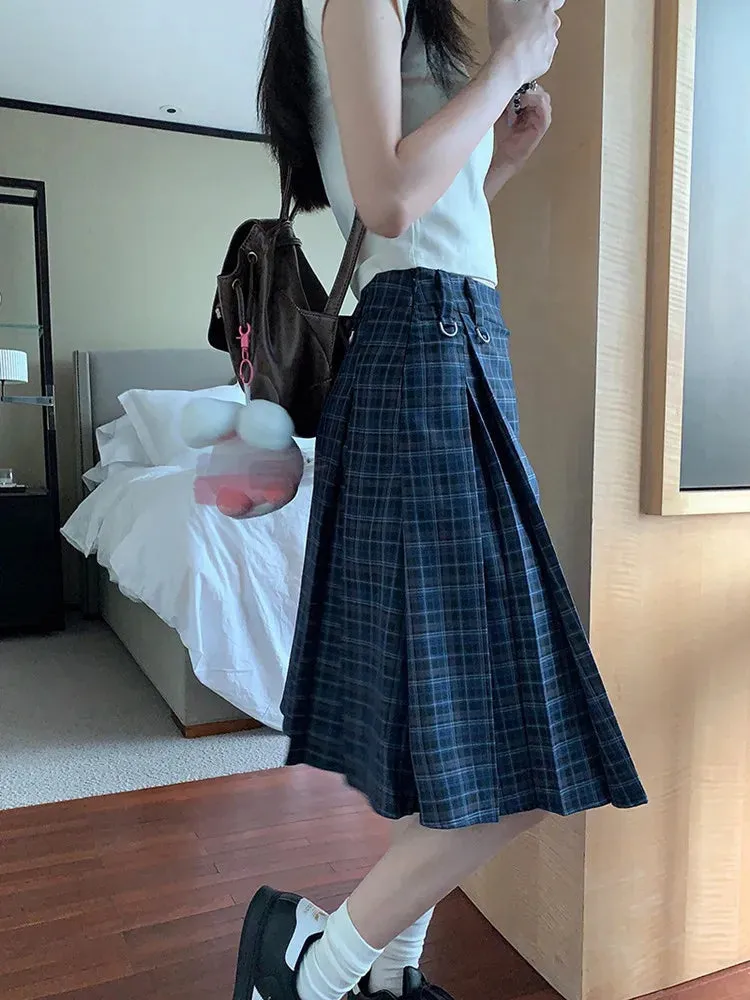 Uniwim Korean style Preppy Fashion Vintage Plaid Summer Women Midi Skirt High Waist Pleated A-line Temperament Loose Y2K Skirt