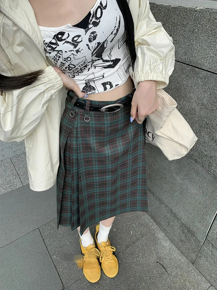 Uniwim Korean style Preppy Fashion Vintage Plaid Summer Women Midi Skirt High Waist Pleated A-line Temperament Loose Y2K Skirt