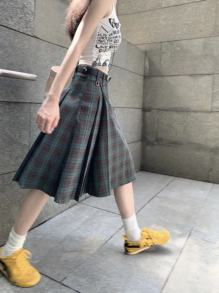 Uniwim Korean style Preppy Fashion Vintage Plaid Summer Women Midi Skirt High Waist Pleated A-line Temperament Loose Y2K Skirt