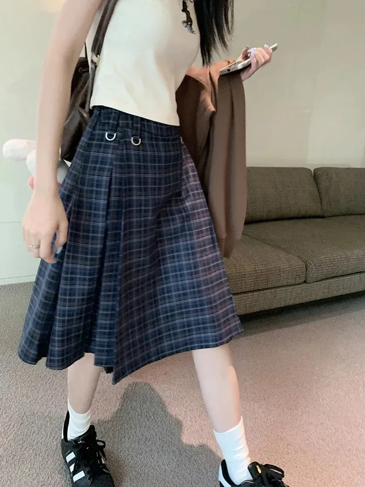 Uniwim Korean style Preppy Fashion Vintage Plaid Summer Women Midi Skirt High Waist Pleated A-line Temperament Loose Y2K Skirt