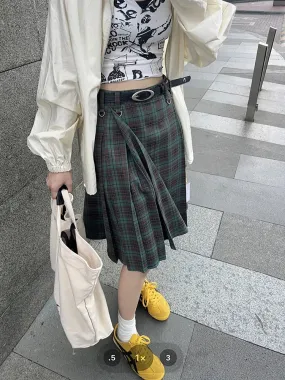 Uniwim Korean style Preppy Fashion Vintage Plaid Summer Women Midi Skirt High Waist Pleated A-line Temperament Loose Y2K Skirt