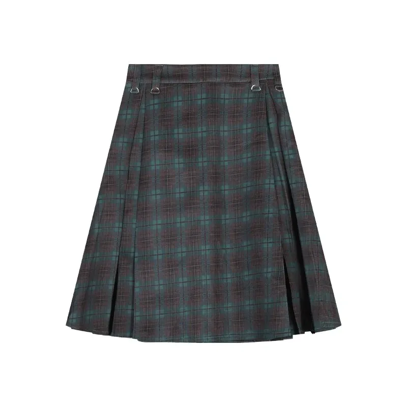 Uniwim Korean style Preppy Fashion Vintage Plaid Summer Women Midi Skirt High Waist Pleated A-line Temperament Loose Y2K Skirt