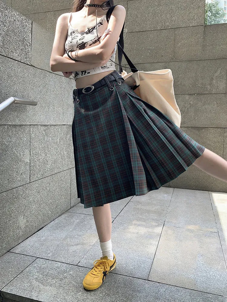 Uniwim Korean style Preppy Fashion Vintage Plaid Summer Women Midi Skirt High Waist Pleated A-line Temperament Loose Y2K Skirt